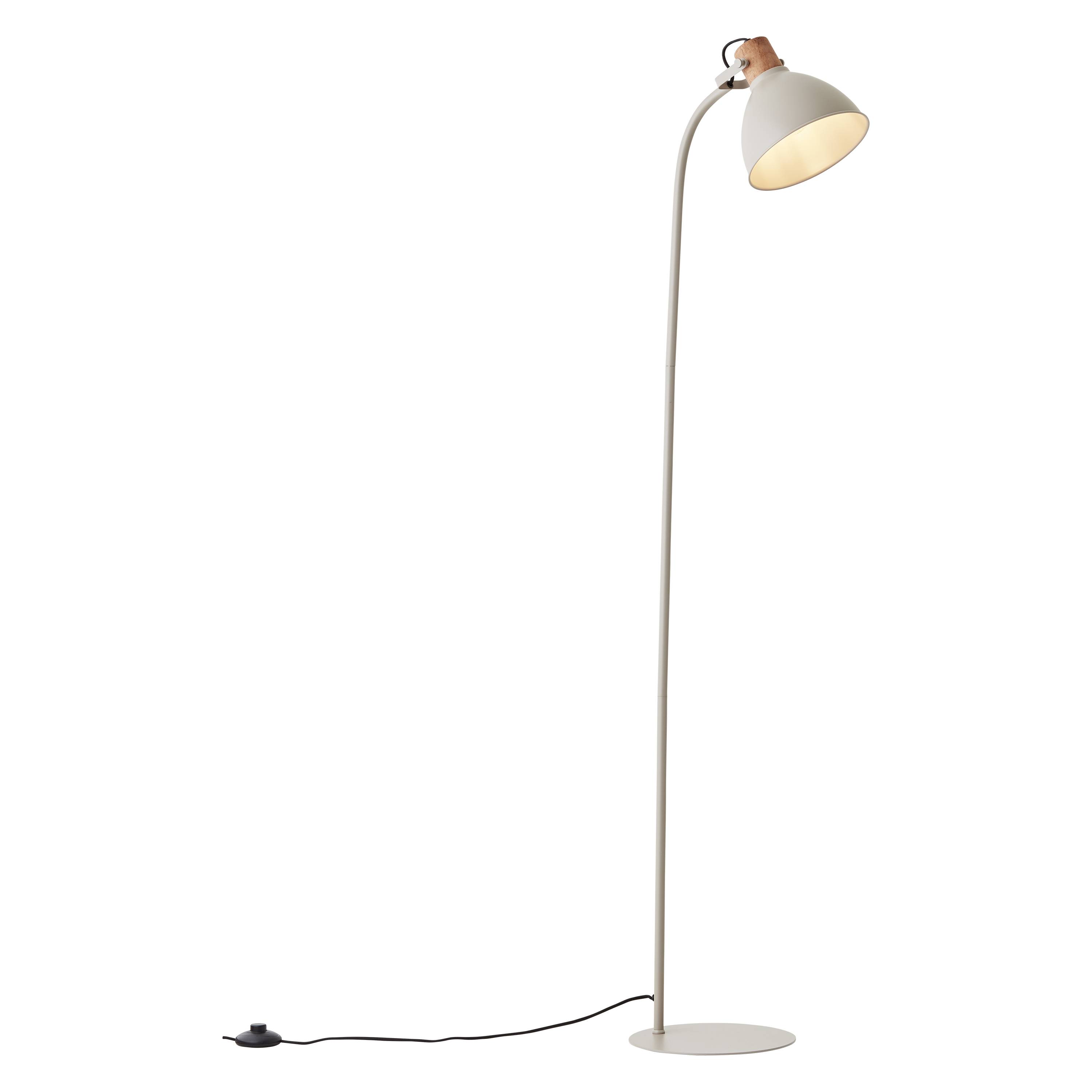 Eine schlanke, gebogene Stehlampe mit cremefarbenem Schirm und einem schwarzen Kabel, leuchtet warmes Licht aus, minimalistisch gestaltet.