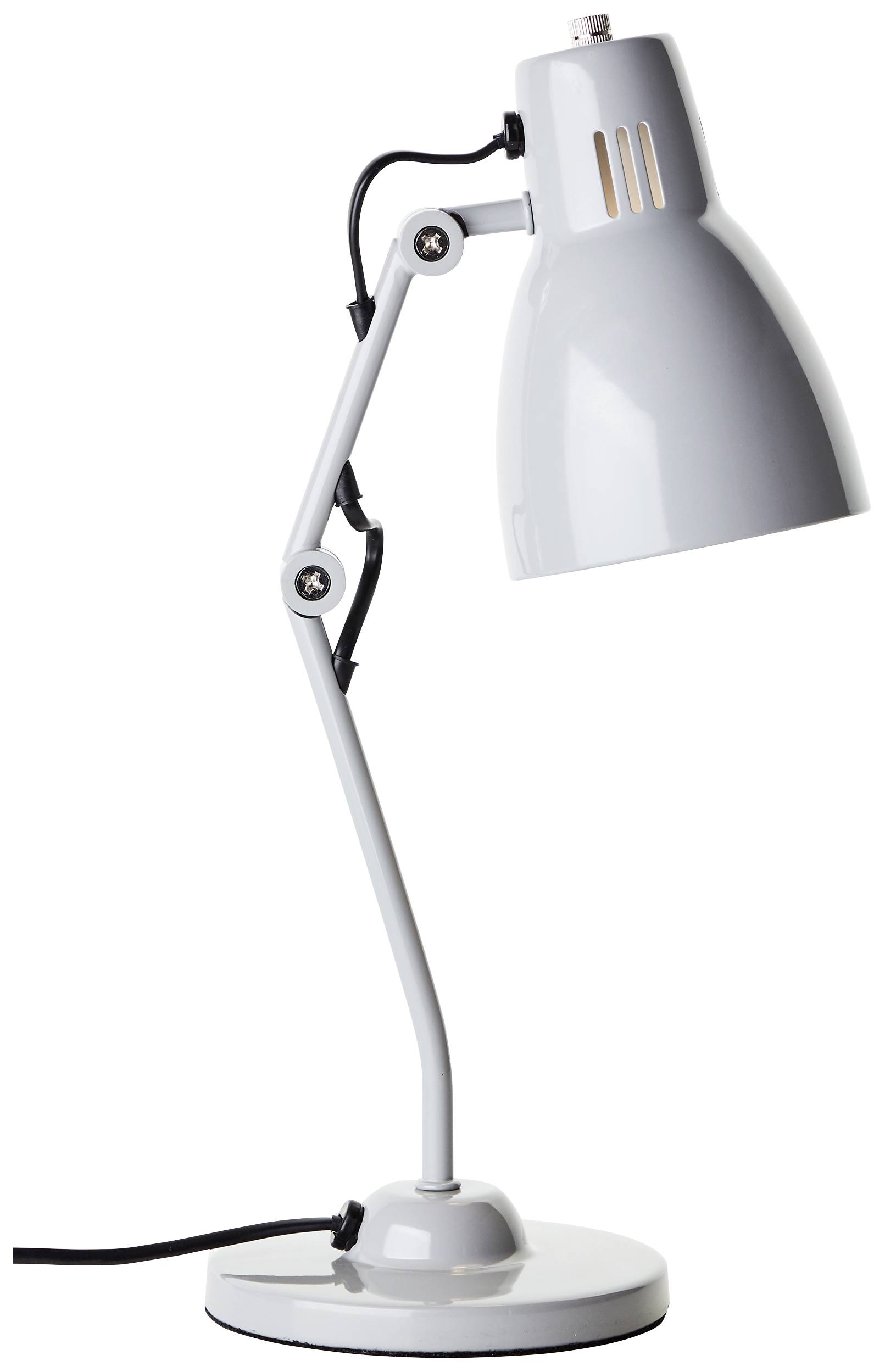 Graue Tischlampe mit flexiblem Arm, aus Metall, stehend auf einem runden Fuß, mit Stromkabel.