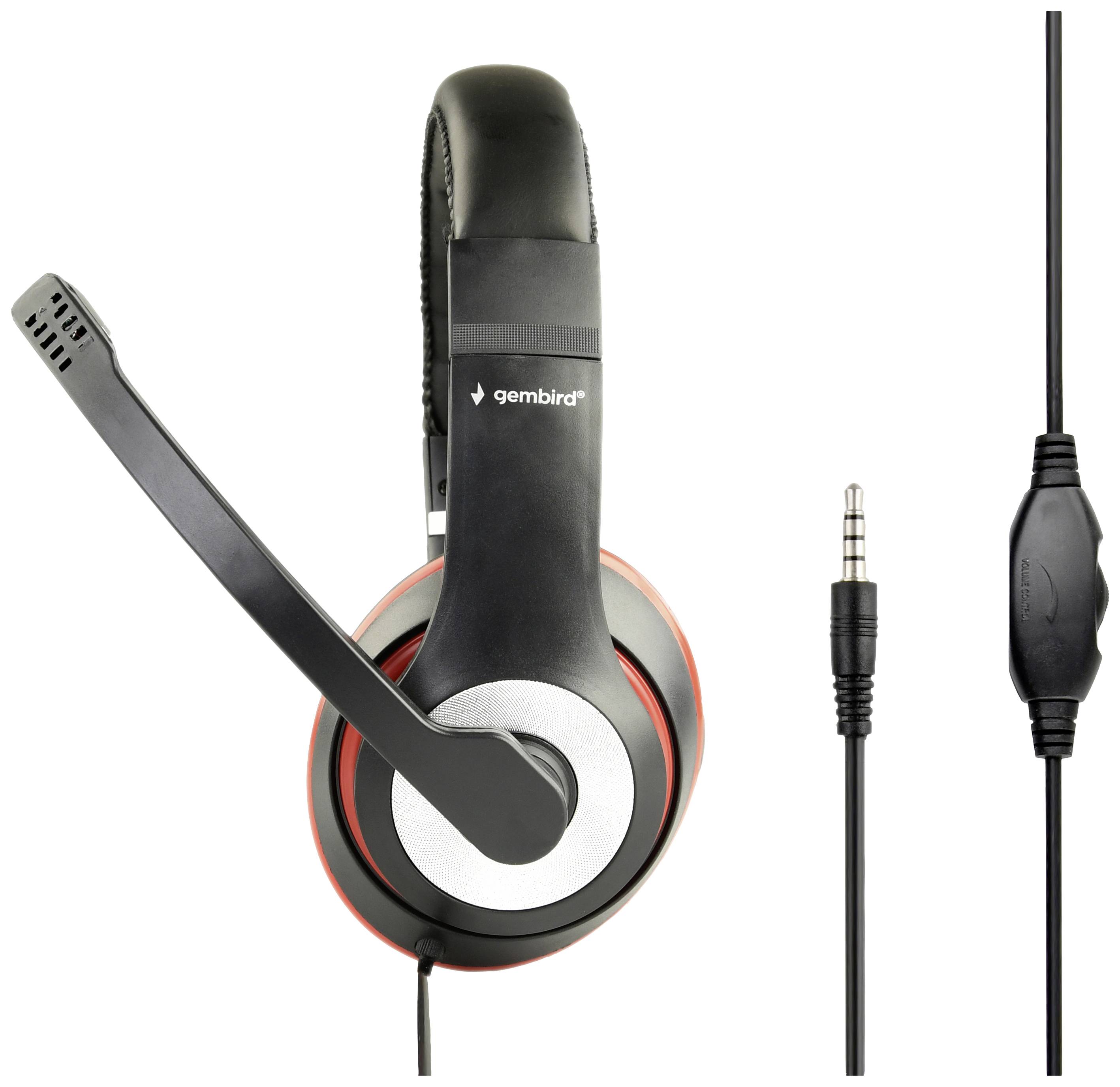 'Schwarzes und rotes Headset mit Mikrofon und 3,5-mm-Klinkenstecker, Marke sichtbar, flankiert von Audiokabel und Lautstärkeregler.'