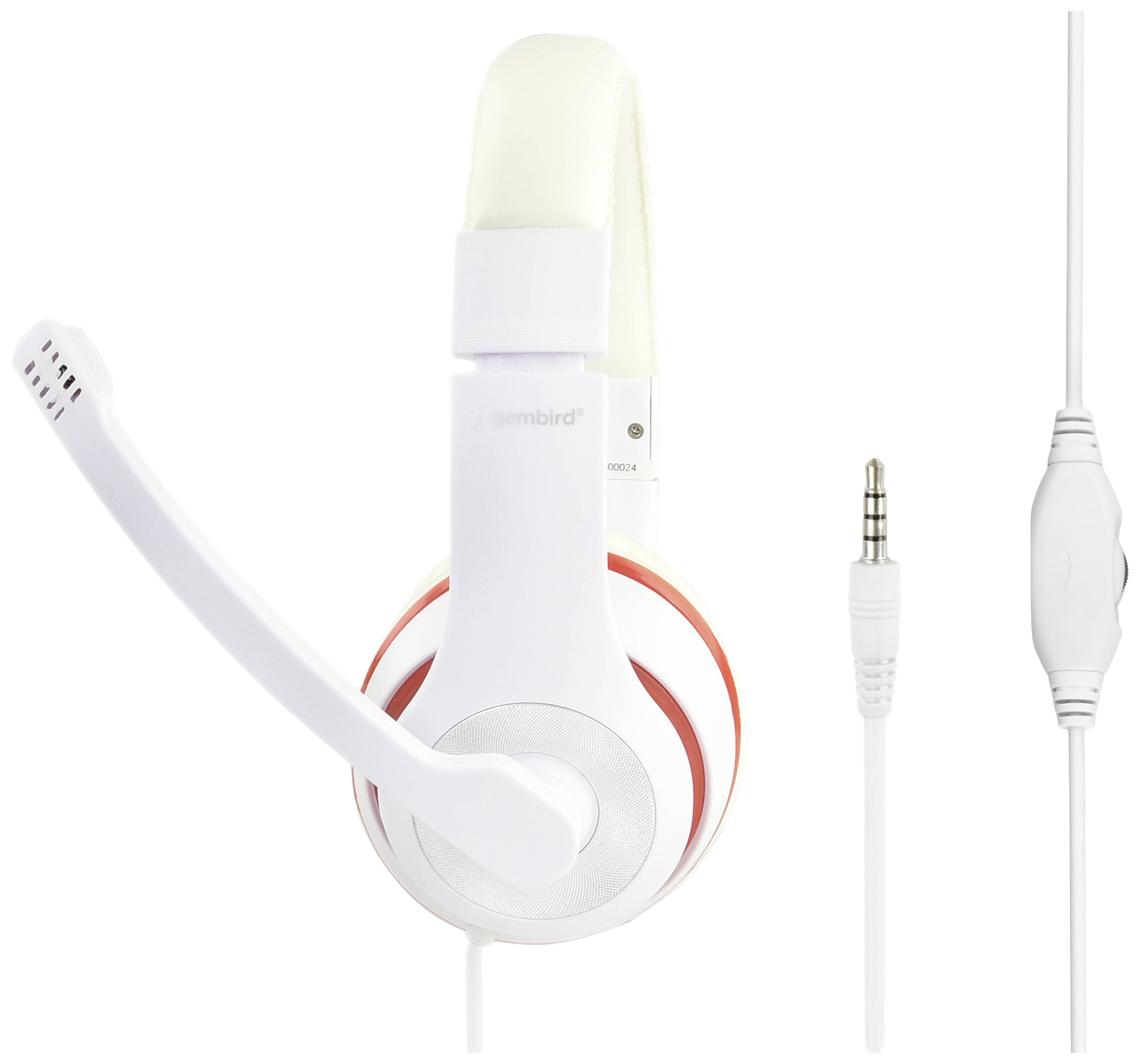 Weißer Over-Ear-Kopfhörer mit Mikrofon und Kabel. Geeignet für Computer- oder Telefonanrufe. 3,5-mm-Klinkenstecker.