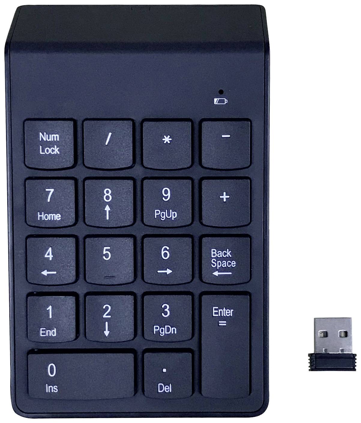 Kabelloses Numerik-Tastenfeld neben einem USB-Empfänger. Tasten von 0-9, sowie Funktionstasten für einfache numerische Eingaben.