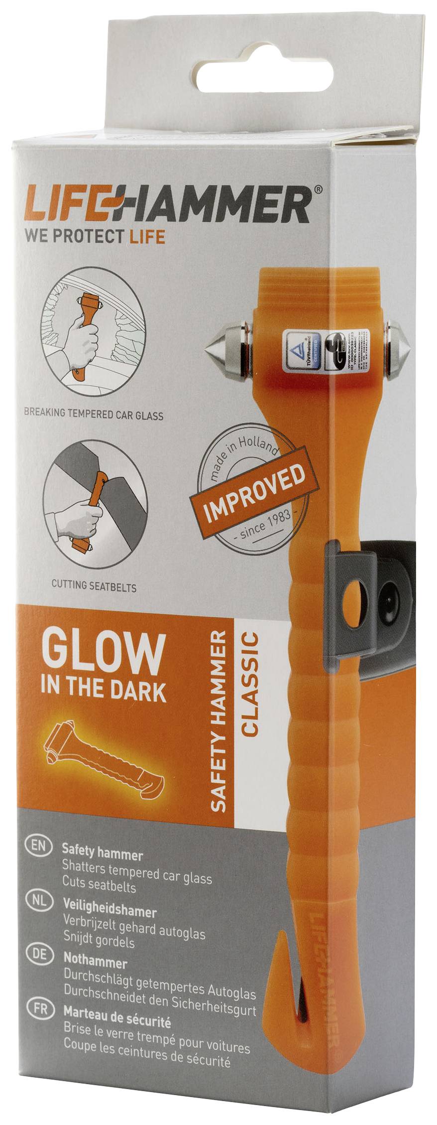 Notfallhammer für Auto: Orange, mit Gurtmesser und Glasbrecher. Verpackungstext erklärt Nutzung bei Autounfällen und weist auf Verbesserungen hin.