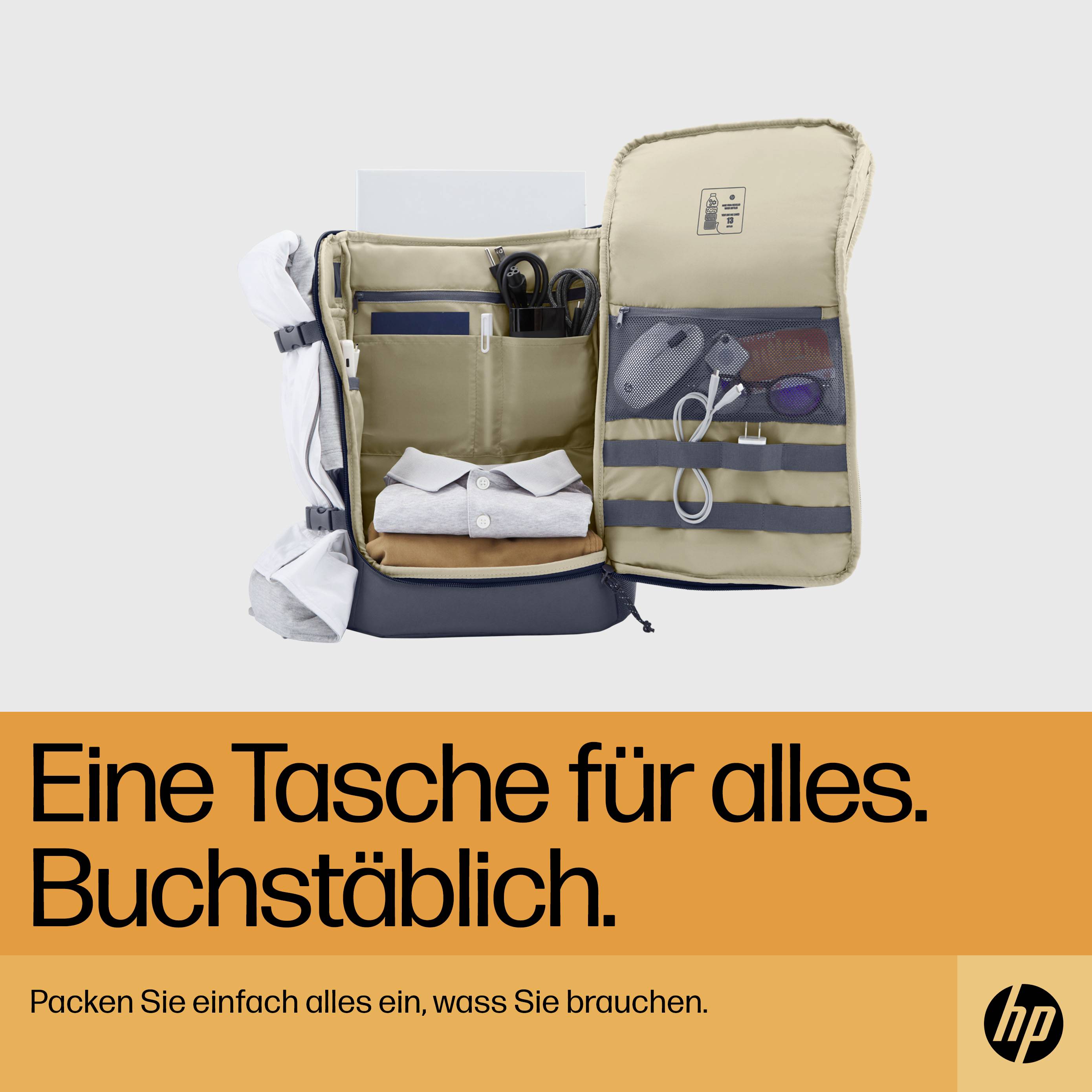 Eine geöffnete Tasche zeigt ihre Inhalte: Kleidung, Schreibwaren und mehr. Text: 'Eine Tasche für alles. Buchstäblich.' Darunter ein HP-Logo.