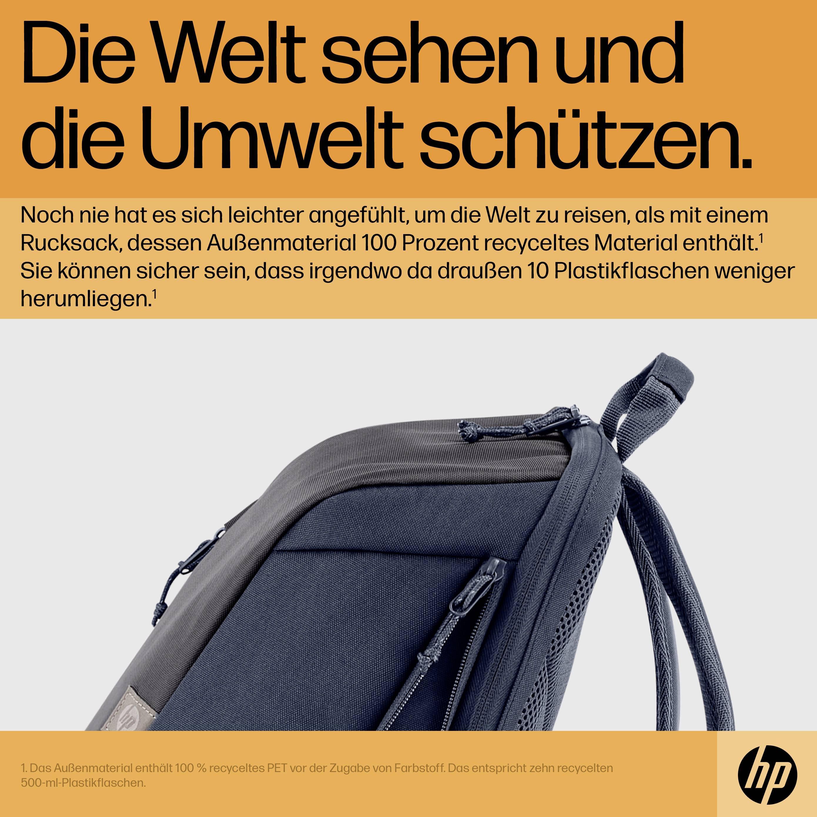 'Rucksack aus 100% recyceltem Material, beworben als umweltfreundliche Wahl für Reisen. HP-Logo unten rechts.'