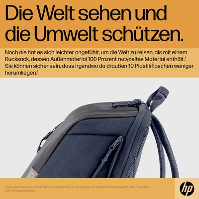 Ein Rucksack aus recyceltem Material. Text: 'Die Welt sehen und die Umwelt schützen.' HP-Logo unten.