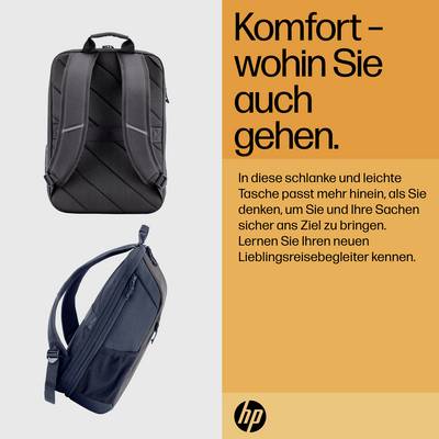 Rucksack und Tasche auf grauem Hintergrund. Text: 'Komfort – wohin Sie auch gehen.' Dunkelblauer Rucksack, orangefarbener Hintergrund.