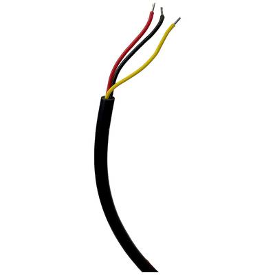 Ein schwarzes Kabel mit drei herausragenden Drähten in Rot, Schwarz und Gelb, auf weißem Hintergrund, zeigt die Adern des Kabels.