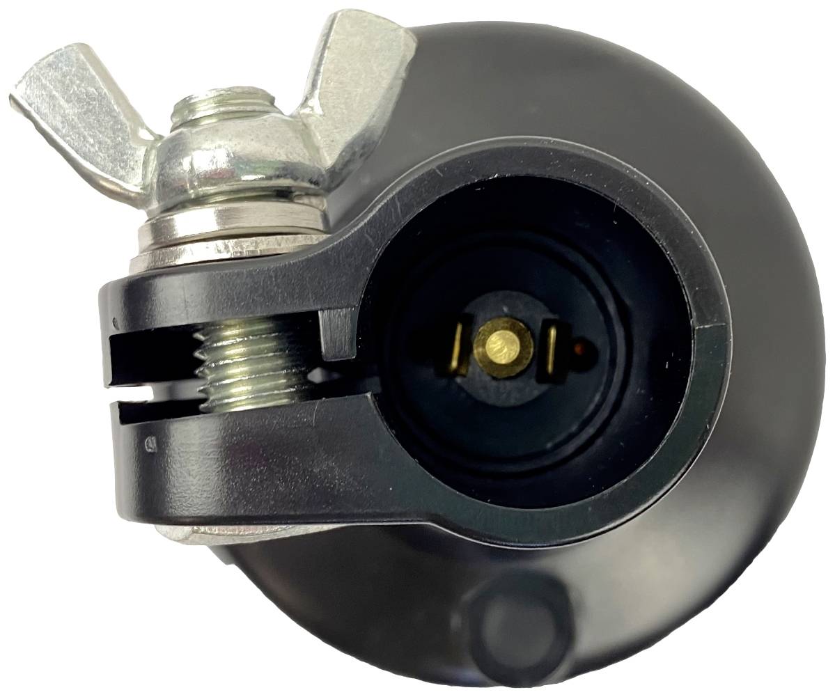 Ein schwarzer, runder Anschlussstecker mit metallener Flügelmutter und zentralem goldfarbenem Kontaktstift, von oben gesehen.