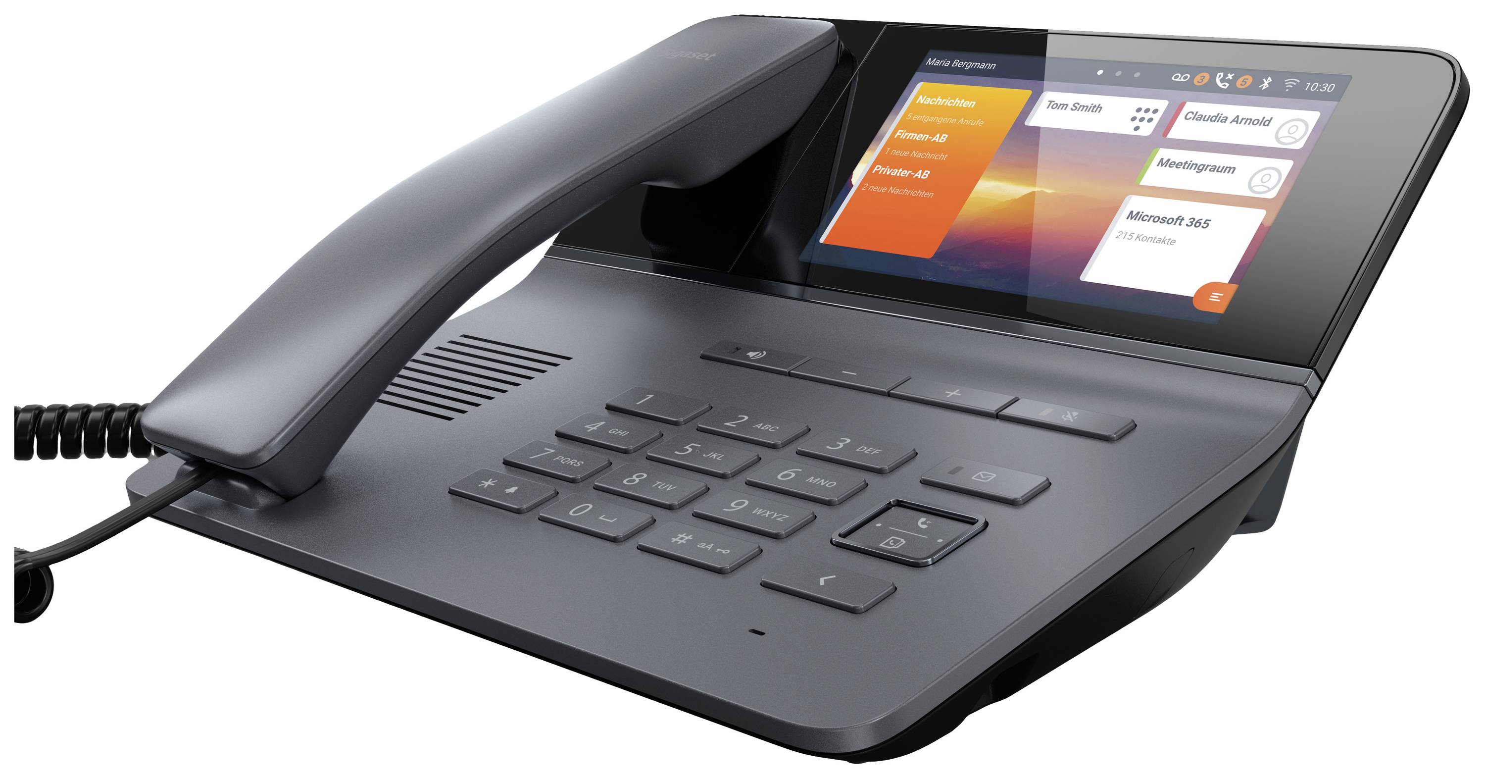 Ein modernes Tischtelefon mit Touchscreen zeigt verschiedene Apps und Funktionen. Das Gerät hat ein Tastenfeld und einen Hörer.