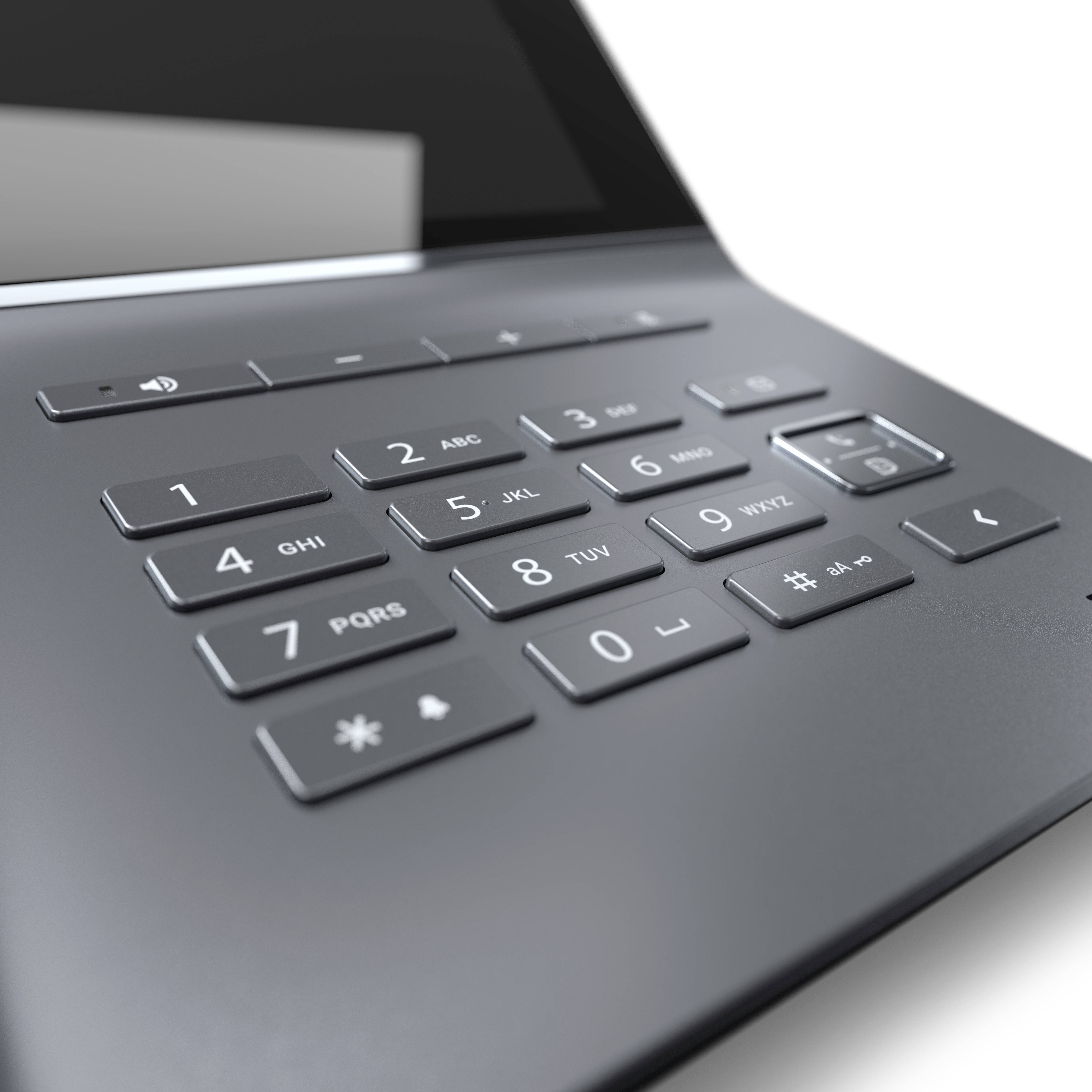 Eine Nahaufnahme einer Tastatur mit Zahlenfeld, das auf einem modernen elektronischen Gerät eingebaut ist.