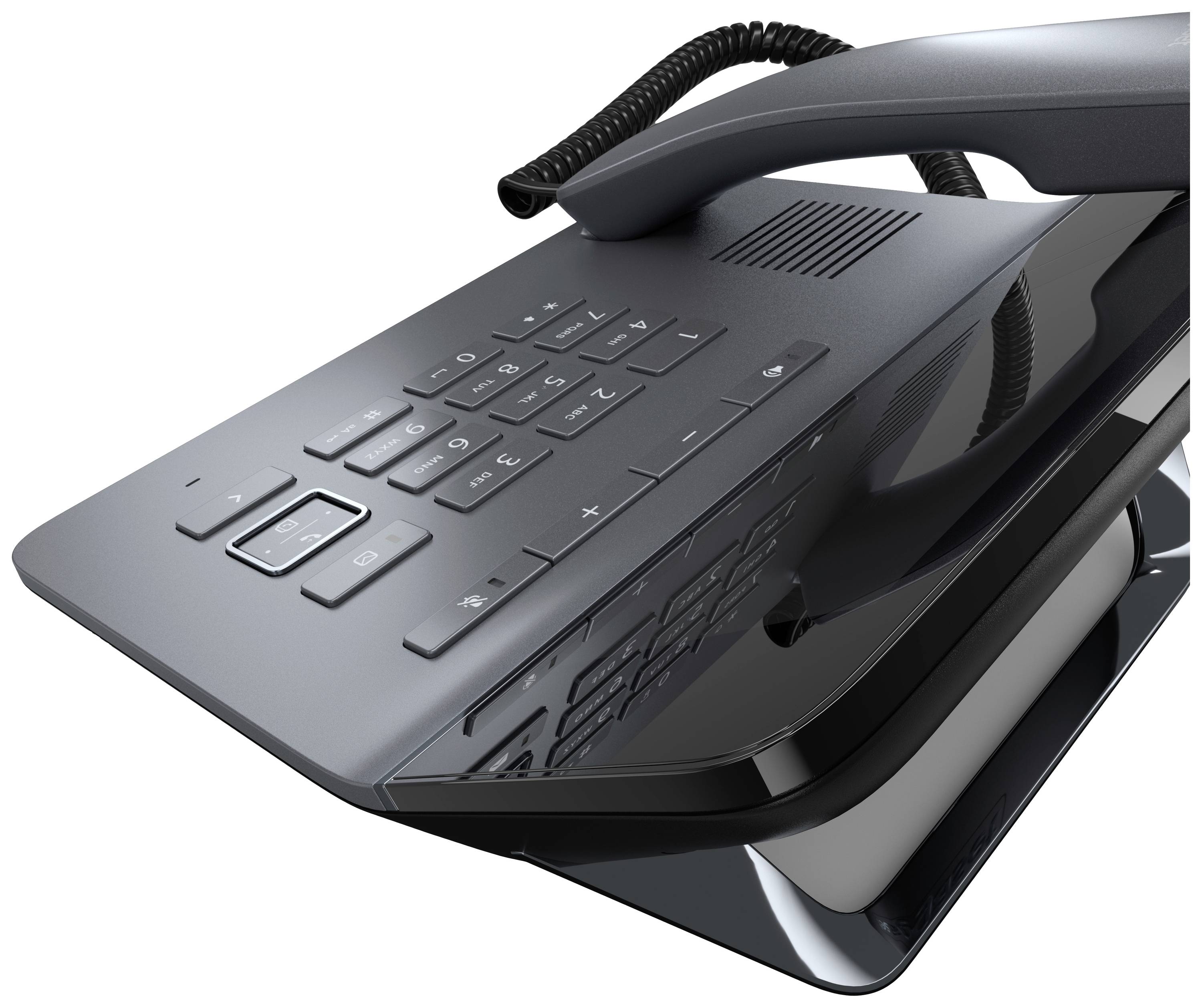 Ein modernes Tischtelefon mit Tastenfeld und Hörergabel, auf einem reflektierenden Standfuß. Das Telefon hat ein schlankes, schwarzes Design.