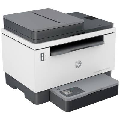 Ein weißer und grauer Laserdrucker mit Scanner-Funktion und einem Bedienfeld vorne.