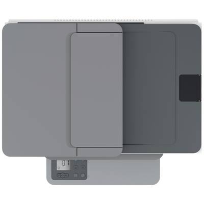 Draufsicht eines modernen Druckers mit Scanner, graues Gehäuse und Bedienfeld unten links mit Tasten und Display.