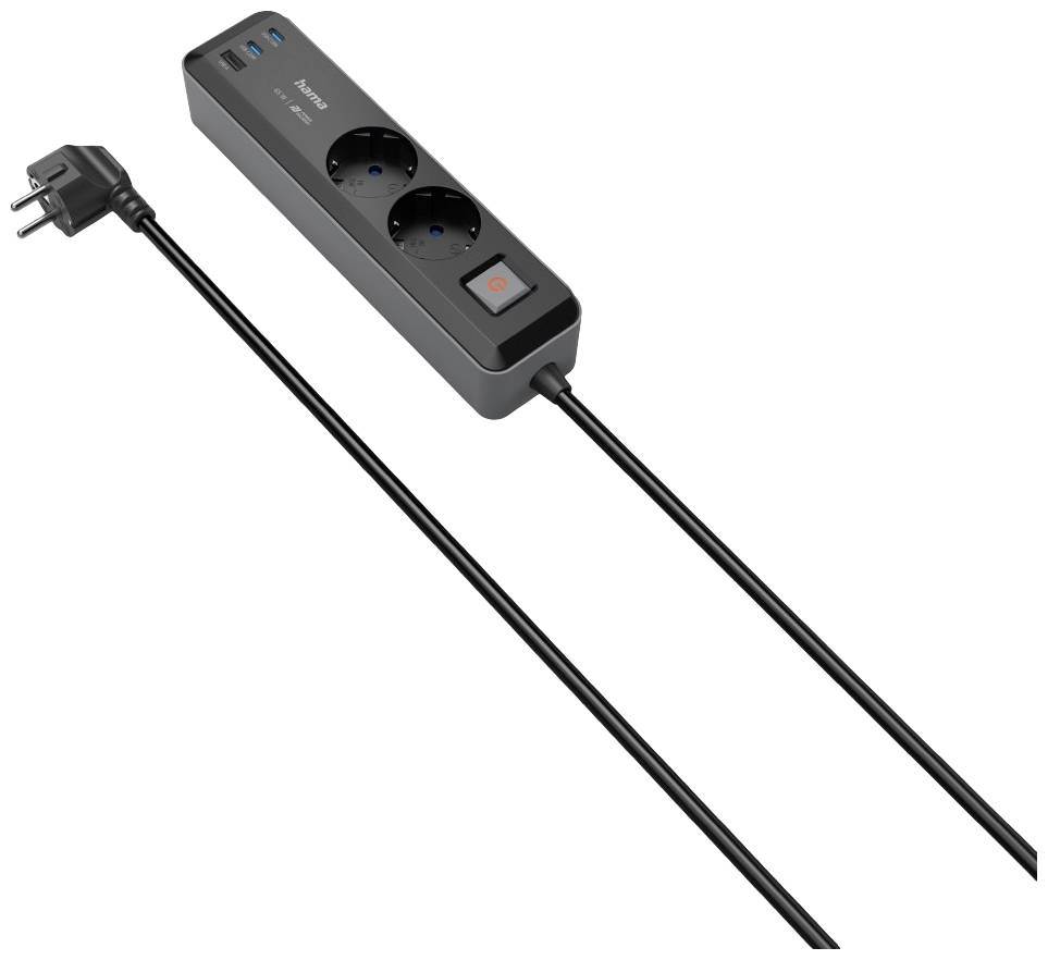HAMA Steckdosenleiste, 2-fach, USB-C/A 65W, PD, Schalter, 1,4 m, Schwarz/Grau (00223188)