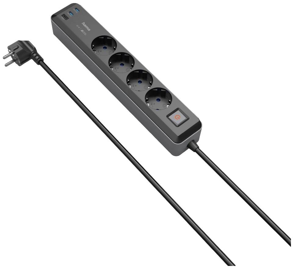 HAMA Steckdosenleiste, 4-fach, USB-C/A 65W, PD, Schalter, 1,4 m, Schwarz/Grau (00223189)