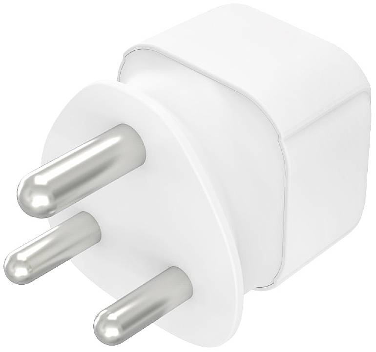 Ein weißer Adapter mit drei runden Metallstiften, geeignet für italienische Steckdosen.