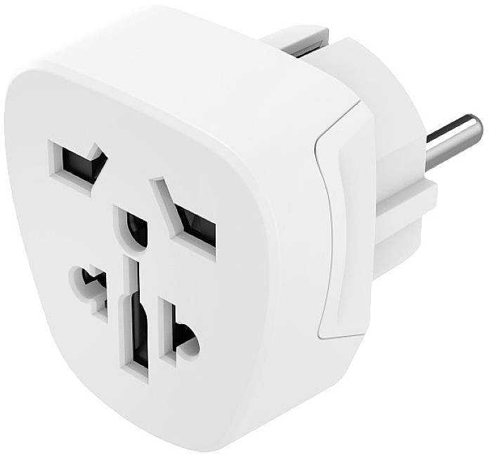Ein weißer Universal-Reiseadapter für Stromstecker, passend für verschiedene Steckdosenformate weltweit.