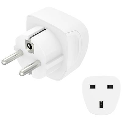 Ein weißer Reiseadapter mit europäischem Stecker, der britische Geräte an europäische Steckdosen anschließt.