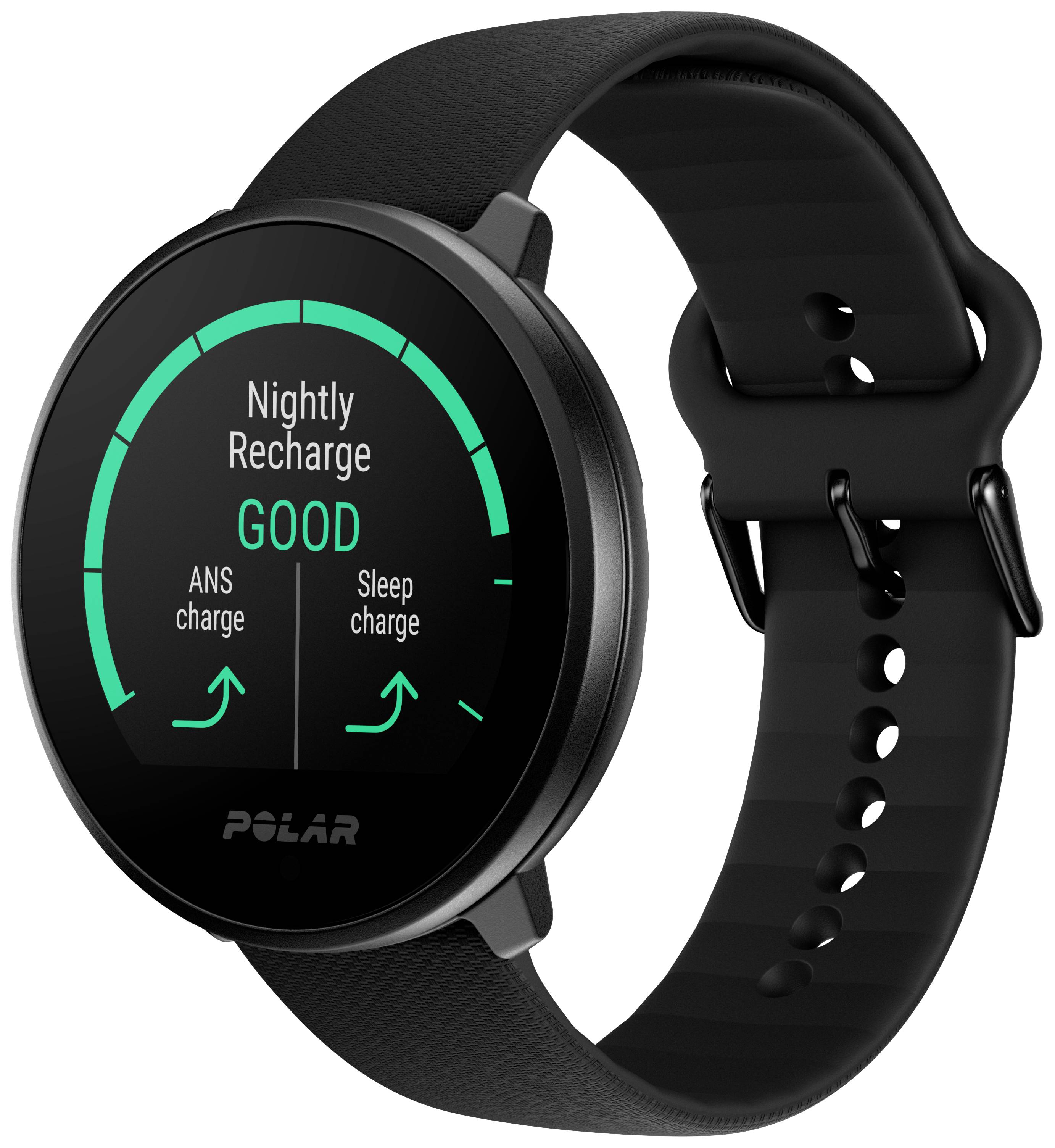 Schwarze Smartwatch zeigt Gesundheitsstatus an: 'Nightly Recharge: Good'. Zeigt Fortschritt bei ANS-Ladung und Schlafladung in Prozent.