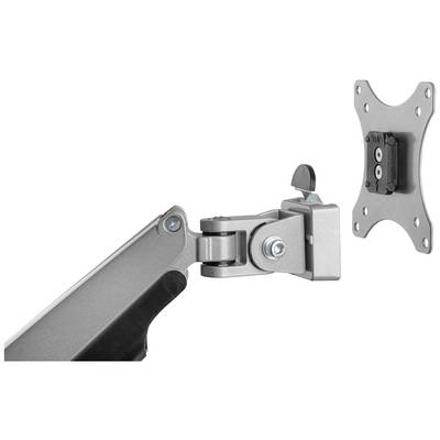 Ein silberfarbener Monitorarm mit beweglichem Gelenk und Wandhalterung, geeignet zum Anbringen eines Monitors an eine Wand.