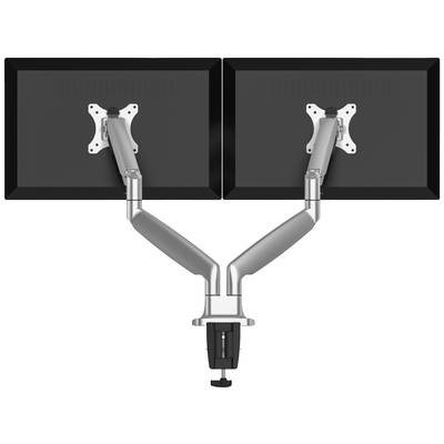 Zwei Monitorhalterungen aus Metall sind befestigt und halten zwei Monitore nebeneinander. Die Halterungen sind flexibel einstellbar.