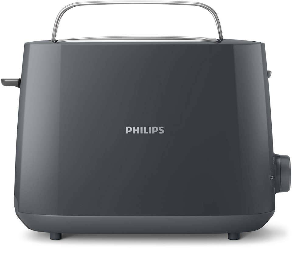 Ein schwarzer Philips-Toaster mit zwei Schlitzen und einem Temperaturregler seitlich.