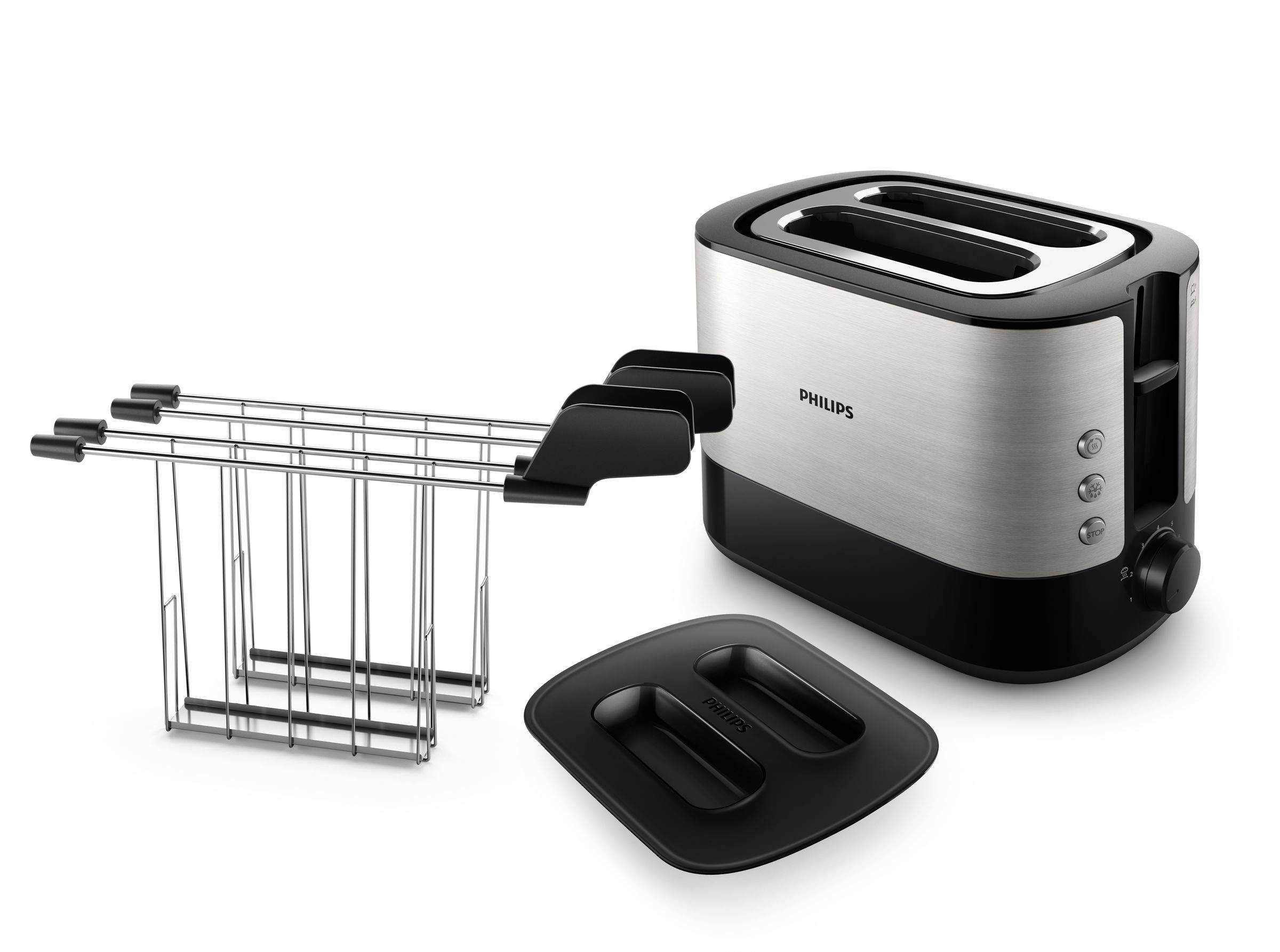 Toaster mit Edelstahlgehäuse, Brötchenaufsatz und Krümelschublade, geeignet für zwei Scheiben.