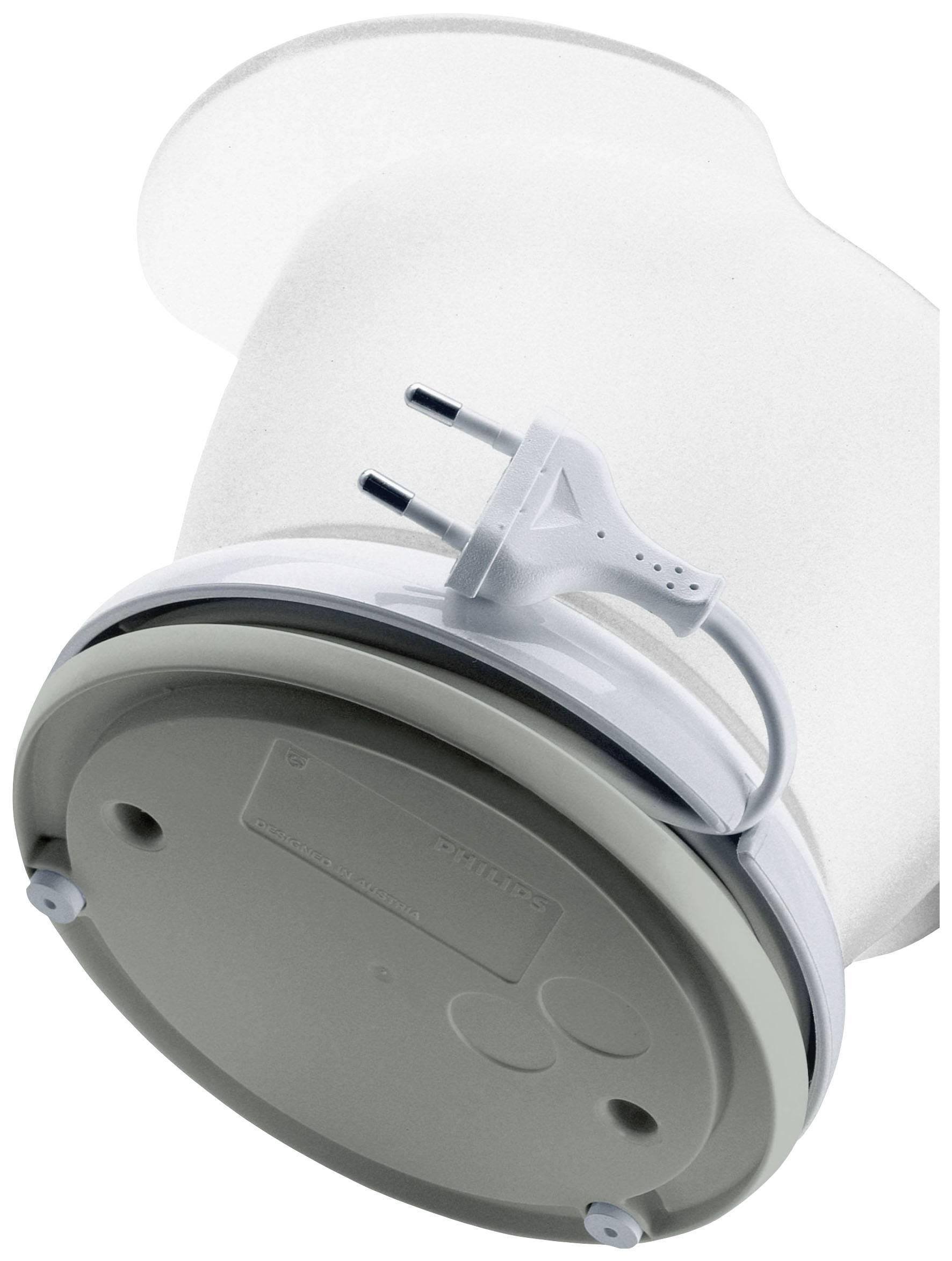 Elektrischer Stecker eines Haushaltsgeräts, das von unten betrachtet wird, mit Kabel aufgerollt um die Basis.