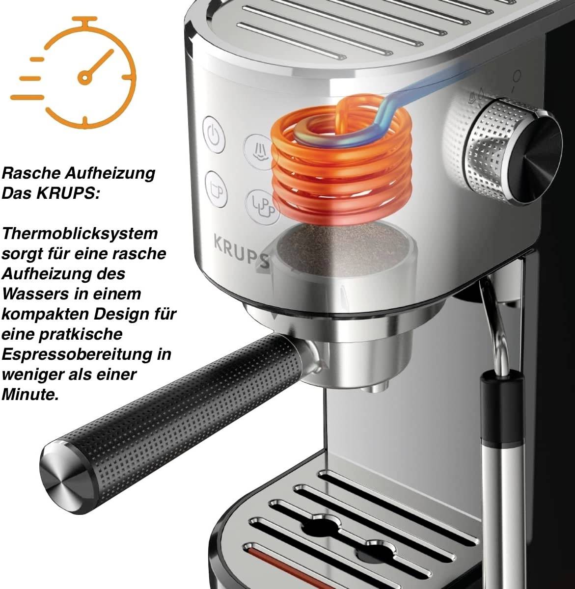 'Espressomaschine von KRUPS mit schnellem Heizsystem, kompaktes Design für schnelle Zubereitung unter einer Minute.'