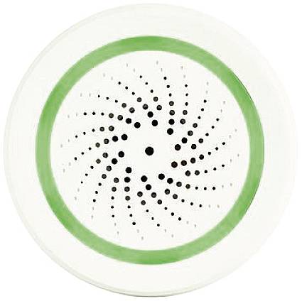 Runder weißer Gegenstand mit einem grünen Kreis und spiralförmigem Punktmuster in der Mitte.