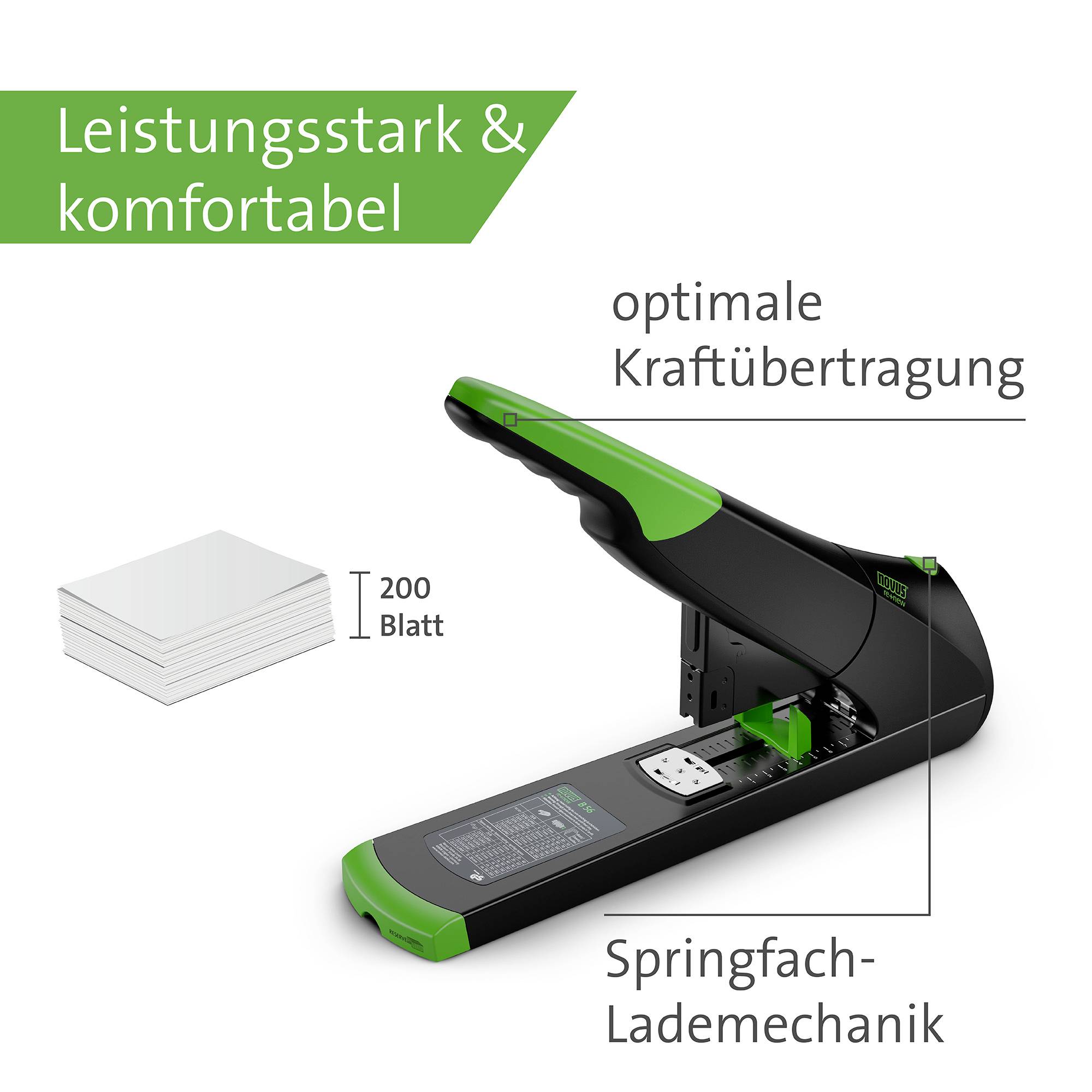 'Heftgerät mit optimaler Kraftübertragung und Springfach-Lademechanik, geeignet für 200 Blatt. Grün-schwarzes Design.'