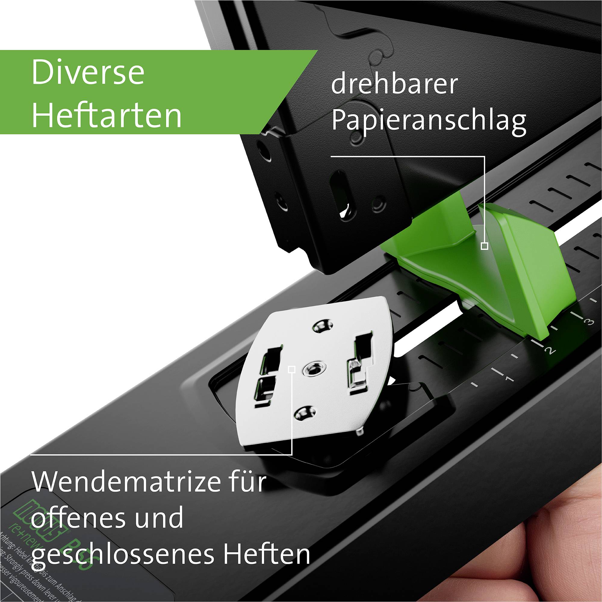 'Diverse Heftarten' zeigt eine Nahaufnahme eines Heftgeräts mit drehbarem Papieranschlag und Wendematrize für offenes und geschlossenes Heften.