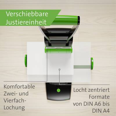 'Verschiebbare Justiereinheit', zeigt ein Gerät mit Hebel für präzises Lochen von Papierformaten A6 bis A4, Zwei- und Vierfach-Lochung.