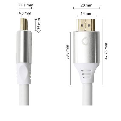 Ein USB-C-Stecker und ein HDMI-Stecker nebeneinander mit Maßen: USB-C: 11,1 mm x 4,5 mm, 9,35 mm hoch; HDMI: 14 mm x 20 mm, 38,8 mm und 47,75 mm hoch.