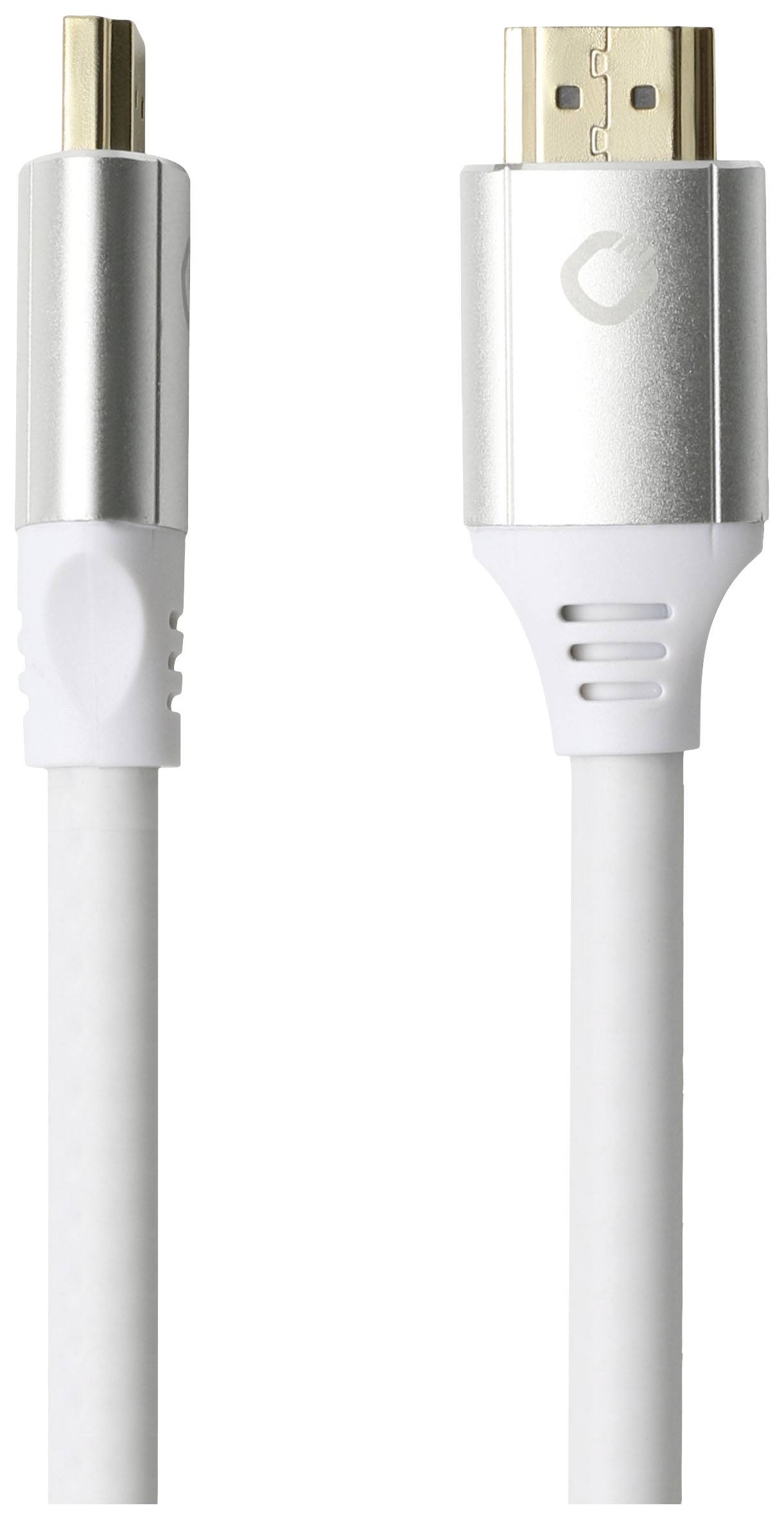 Ein weißes HDMI-Kabel mit silbernen Anschlüssen wird gezeigt. Es hat einen flachen Kabelteil und scheint für Video- und Audioübertragungen verwendet zu werden.
