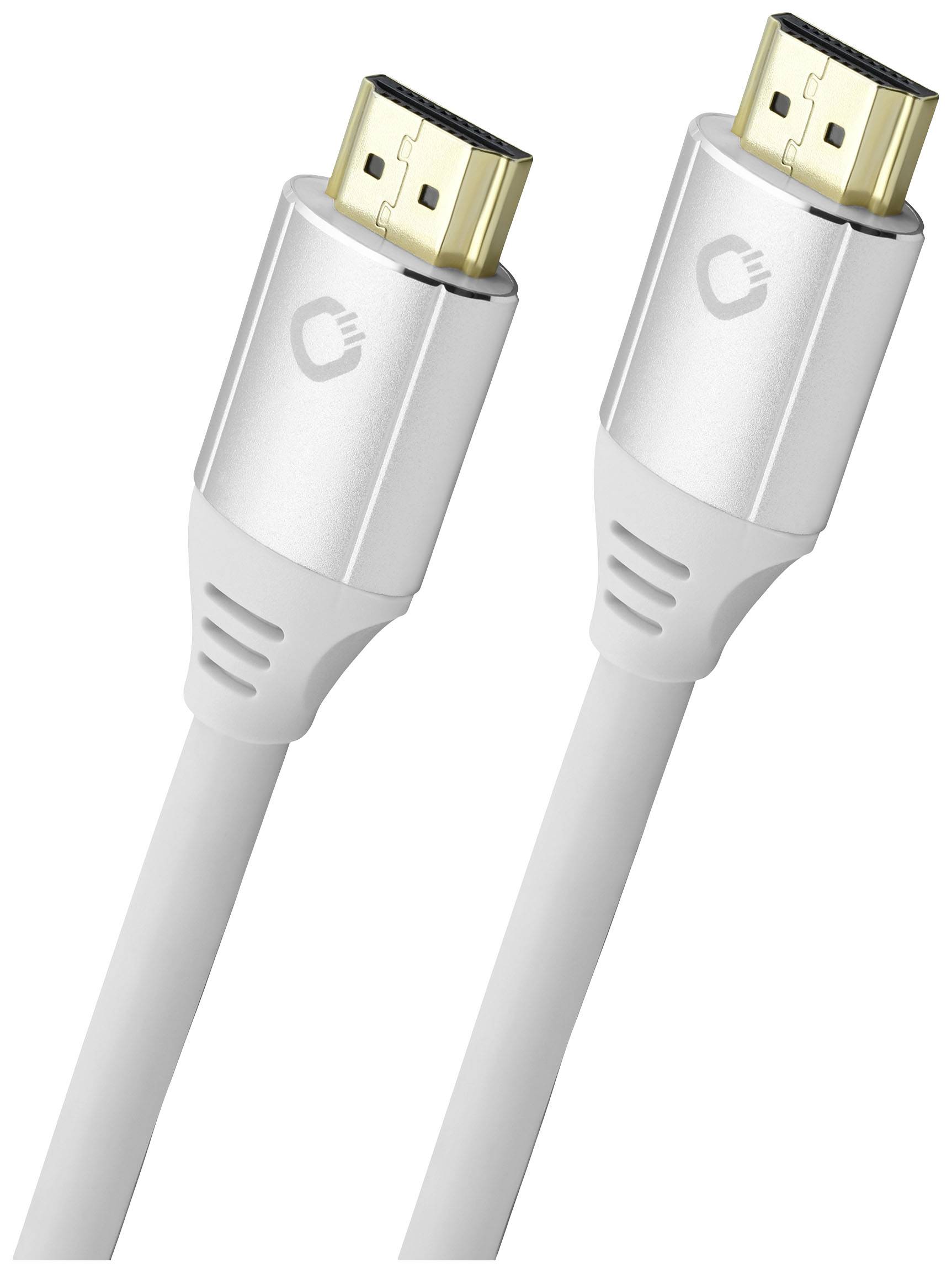 Zwei silberne HDMI-Kabelstecker mit goldenen Anschlüssen und einem Logo, die auf einem weißen Kabel montiert sind.