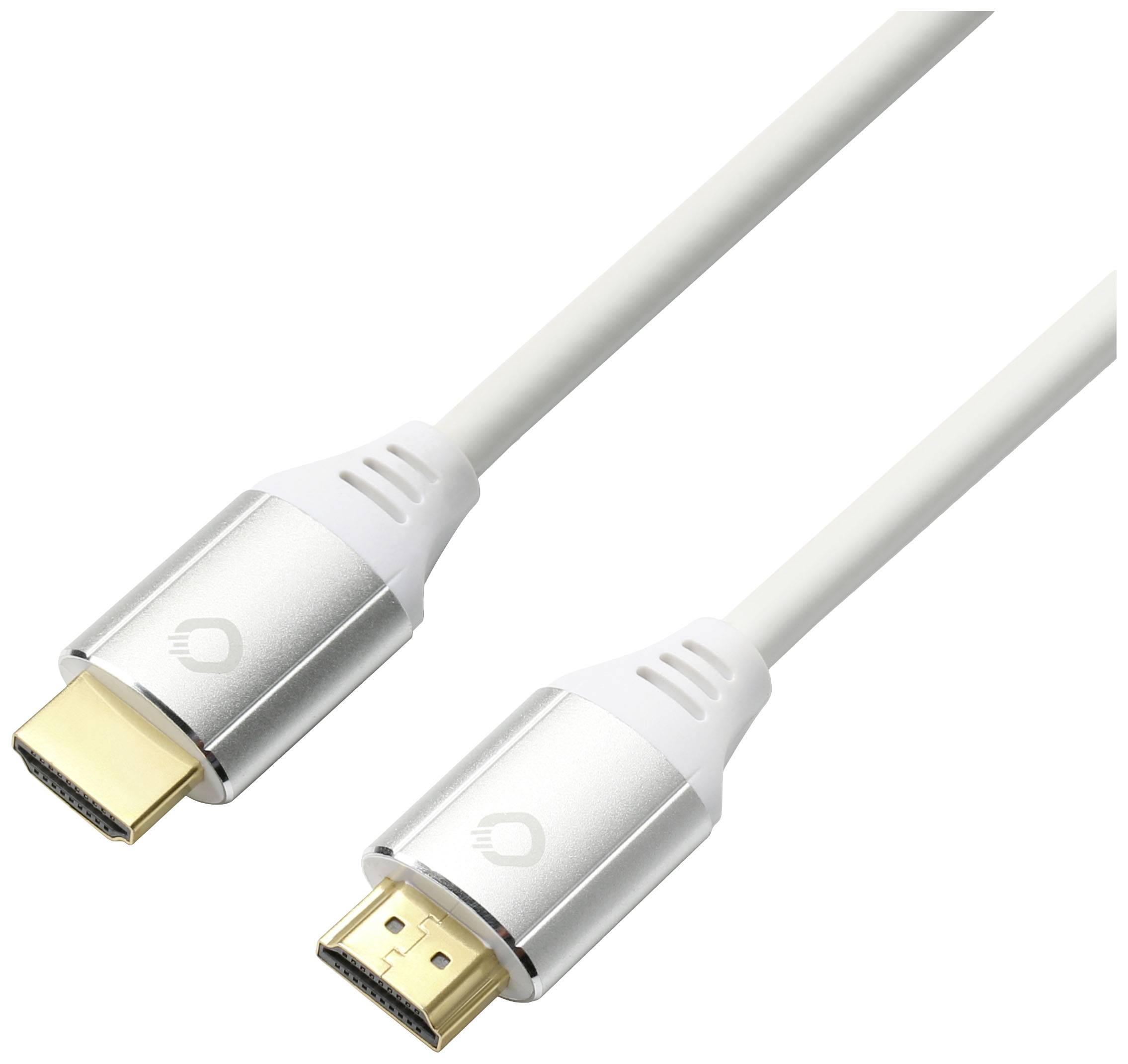 Zwei weiße HDMI-Kabel mit silbernen Steckern.