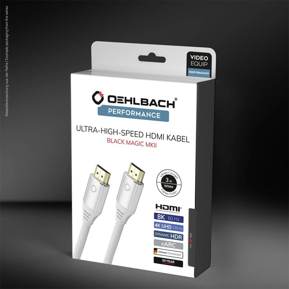 Verpackung eines Oehlbach HDMI-Kabels, beschriftet mit 'Ultra-High-Speed', '8K 50-60 Hz', '4K UHD 120 Hz', 'eARC', 'HDR', '3 m Länge'.