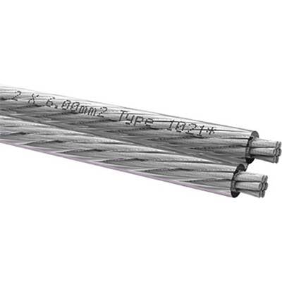 Zwei miteinander verdrillte Stahlseile mit gestempelter Aufschrift '2 x 6.00mm2 Type 10224'. Sie sind silbern und zeigen Spiralstrukturen.