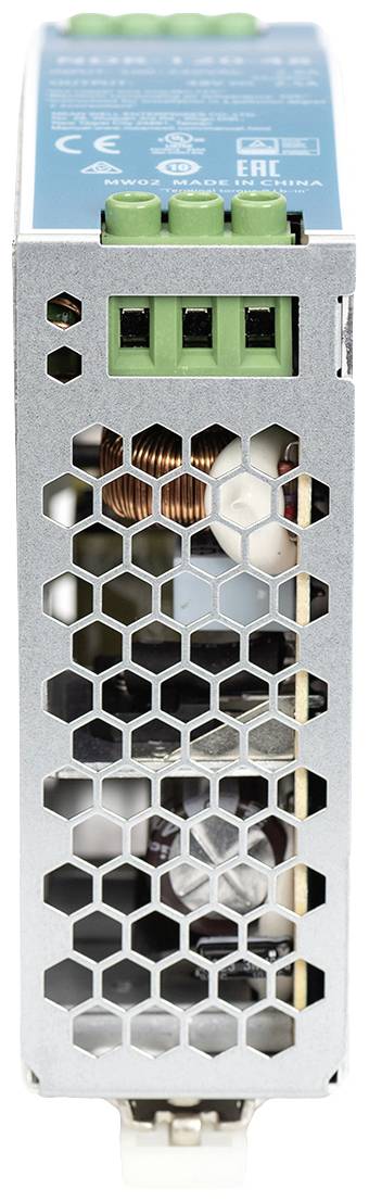 Schmales Metallgerät mit Wabenmuster an der Seite und grünen Anschlüssen oben, vermutlich ein technisches Bauteil oder Netzteil.