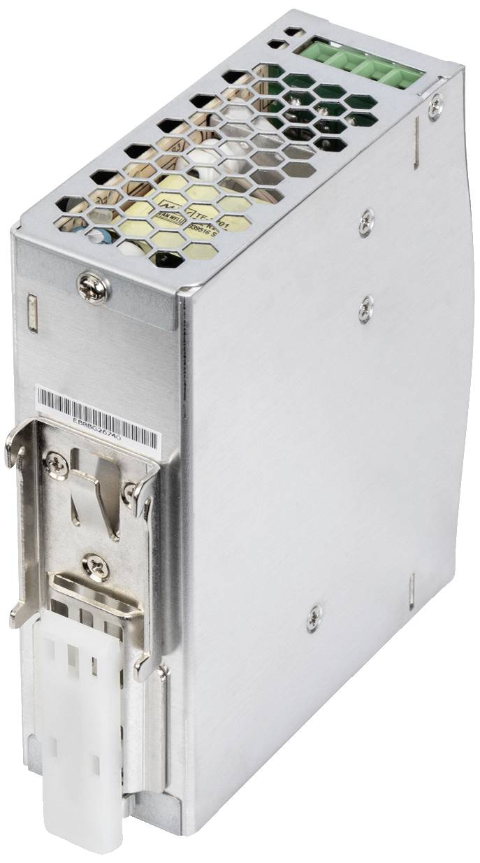 Ein silbernes Computernetzteil mit Wabenlüftung und Anschlussstecker, das sich für den Einbau in elektronische Geräte eignet.