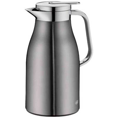 Silberne Isolierkanne mit Deckel und Griff, geeignet zum Warmhalten von Getränken. Schlichtes Design, aus Edelstahl gefertigt.