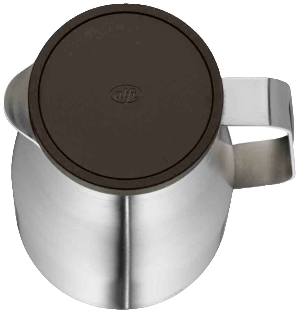 Ein Edelstahl-Thermobecher mit braunem Deckel und Henkel, geeignet zum Warmhalten von Getränken.