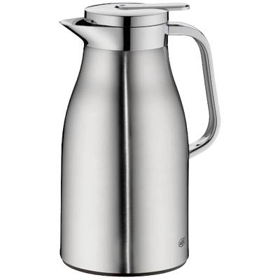 Silberne Thermoskanne mit Griff und Deckel, aus Edelstahl, in einem schlichten und modernen Design. Geeignet zum Halten von heißen oder kalten Getränken.