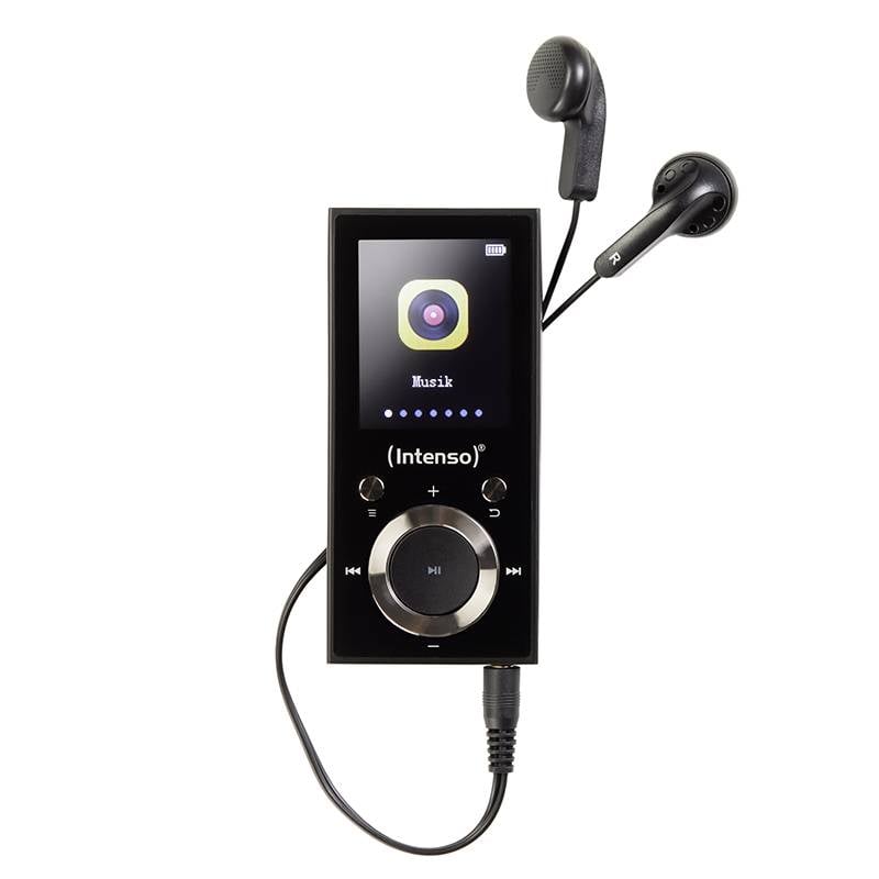 Ein tragbarer MP3-Player mit Kabel-Ohrhörern, zeigt den Bildschirm mit einer Musik-App an. Die Marke 'Intenso' ist sichtbar.