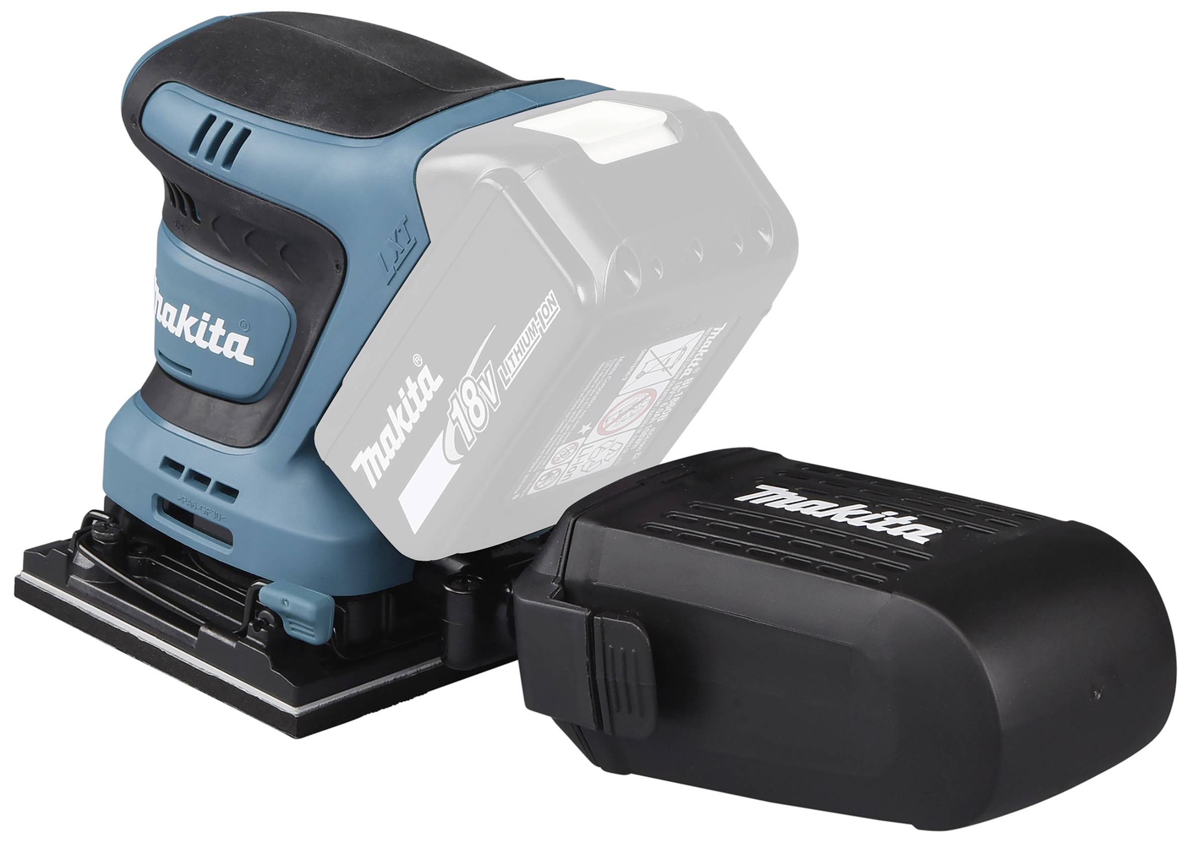 Ein kabelloser blauer und schwarzer Winkelschleifer der Marke Makita, mit abnehmbarer 18V Batterie, auf weißem Hintergrund.