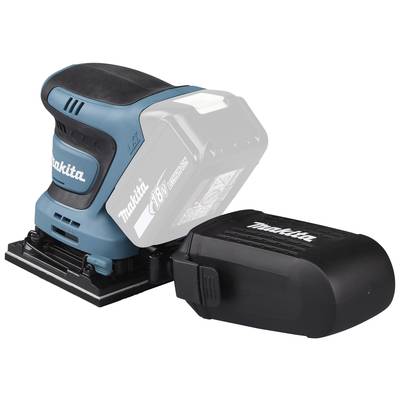 Ein kabelloser blauer und schwarzer Winkelschleifer der Marke Makita, mit abnehmbarer 18V Batterie, auf weißem Hintergrund.