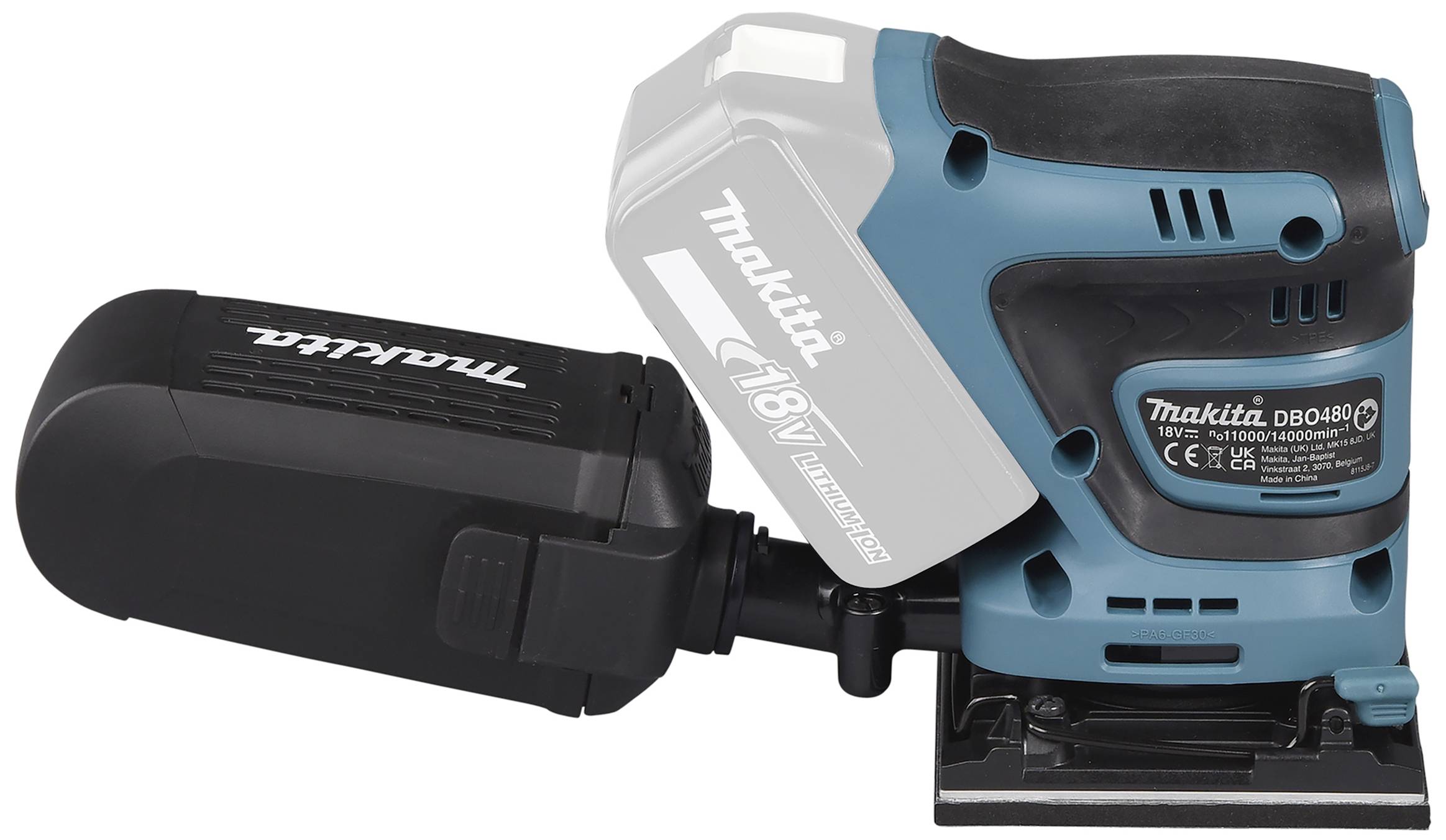 Akku-Schleifmaschine von Makita in Blau und Schwarz, Modellnummer DB0480.
