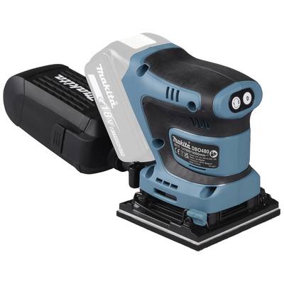 Ein blauer, kabelloser Makita-Exzenterschleifer mit einer Schleifplatte und einer Staubabsaugung. Markierungen und Logos sichtbar.