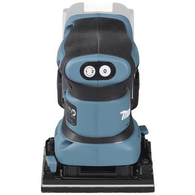 Ein blauer, rechteckiger Elektroschleifer mit zwei Geschwindigkeitsstufen, vorne nummeriert mit '1' und '2', auf einer glatten Oberfläche.